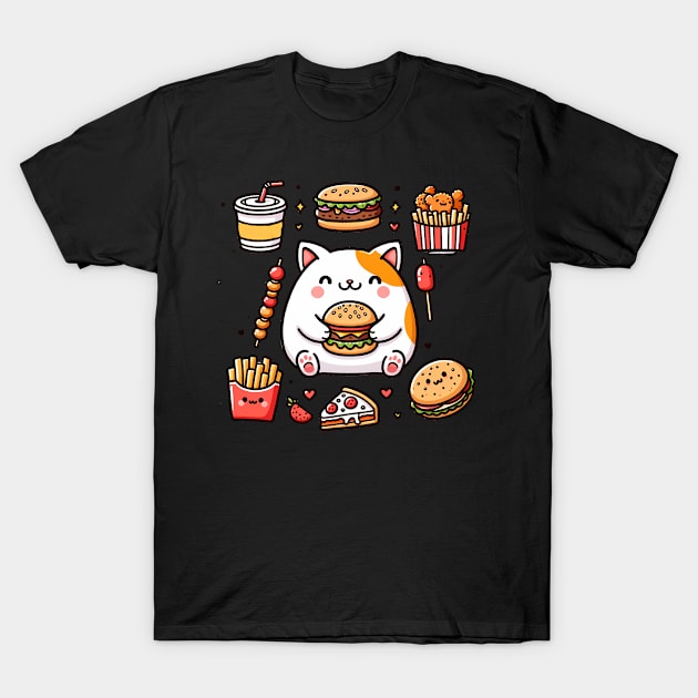 Funny Cat in Love with Fast Food, Burger, Pizza and Fries T-Shirt by dukito